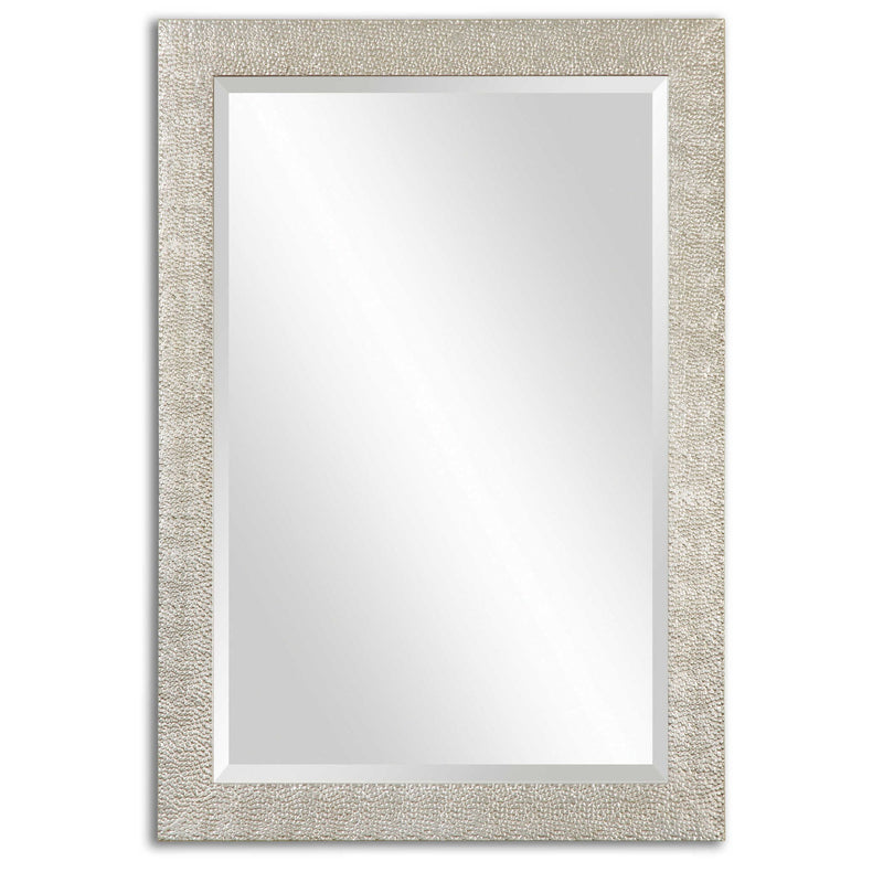 Antiqued silver wall mirror with ornate frame, vintage style, by Uttermost, perfect for adding elegant decor to a room.