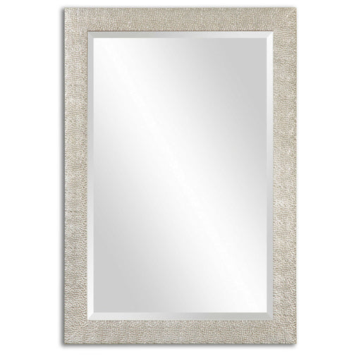 Antiqued silver wall mirror with ornate frame, vintage style, by Uttermost, perfect for adding elegant decor to a room.