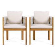 Set of two Noble House outdoor dining chairs with woven rope handles, ideal for patio or garden seating.