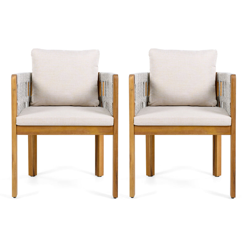 Set of two Noble House outdoor dining chairs with woven rope handles, ideal for patio or garden seating.