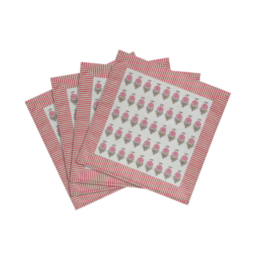Set of four pink vintage floral cotton canvas napkins by TOV Furniture with printed floral design.