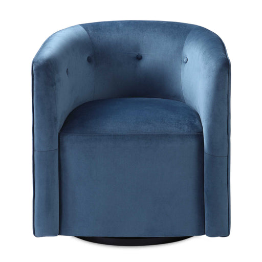 Blue Uttermost Mallorie swivel chair with a modern design, featuring a rounded seat and a metal swivel base.