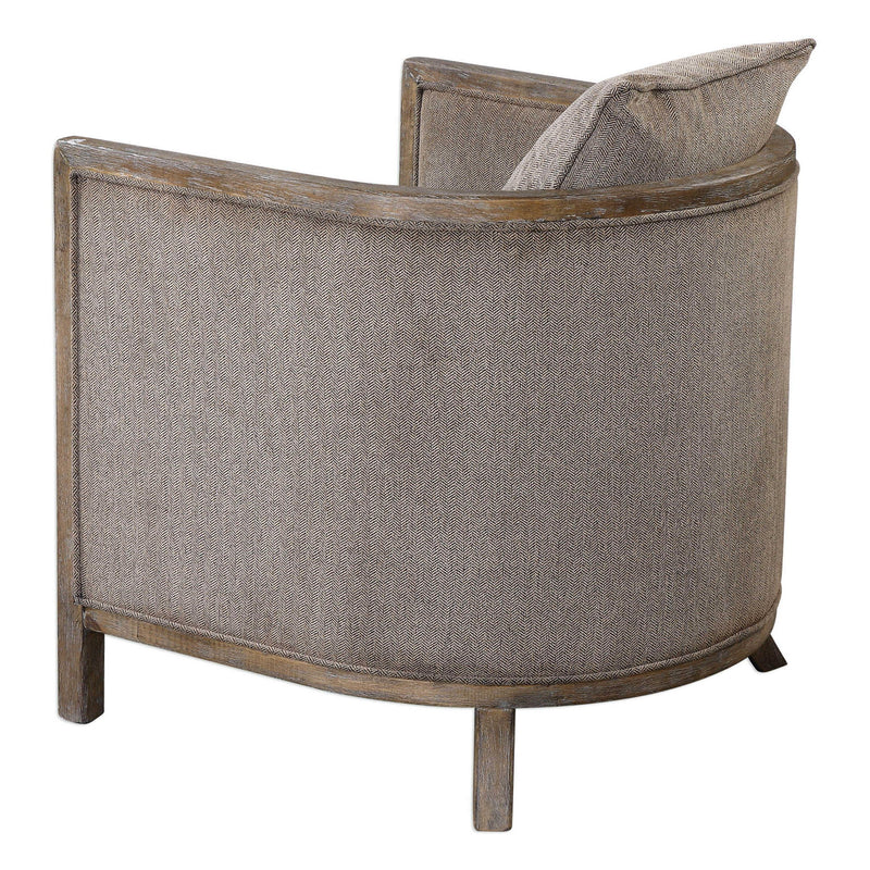 Uttermost Viaggio gray chenille accent chair with curved design and plush upholstery, perfect for modern living spaces.