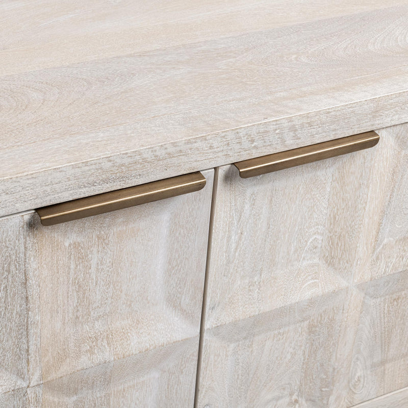 Classic Home Costa 4-door buffet cabinet with wood finish, featuring sleek handles and spacious storage compartments.