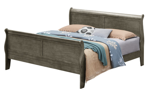 Glory Furniture panel sleigh bed with curved headboard and footboard in a classic wood finish, showcasing elegant craftsmanship.