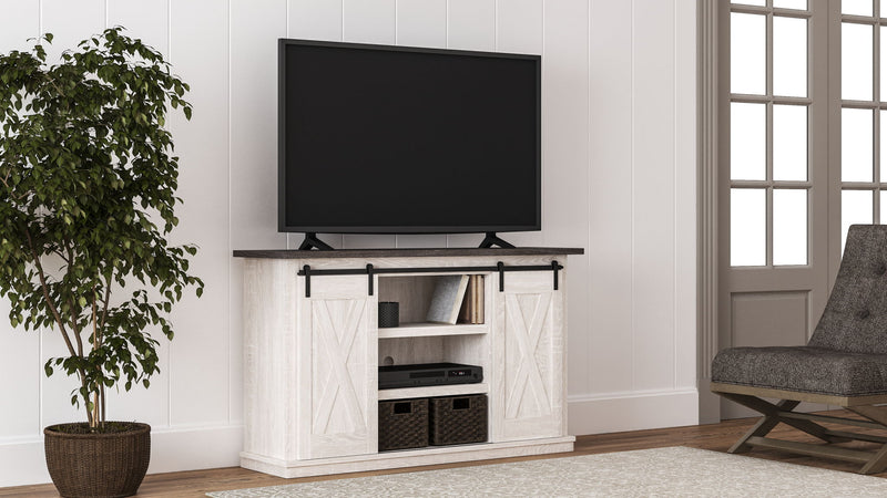 Signature Design by Ashley Dorrinson TV stand with open shelves and storage compartments, crafted from dark wood for modern living rooms.