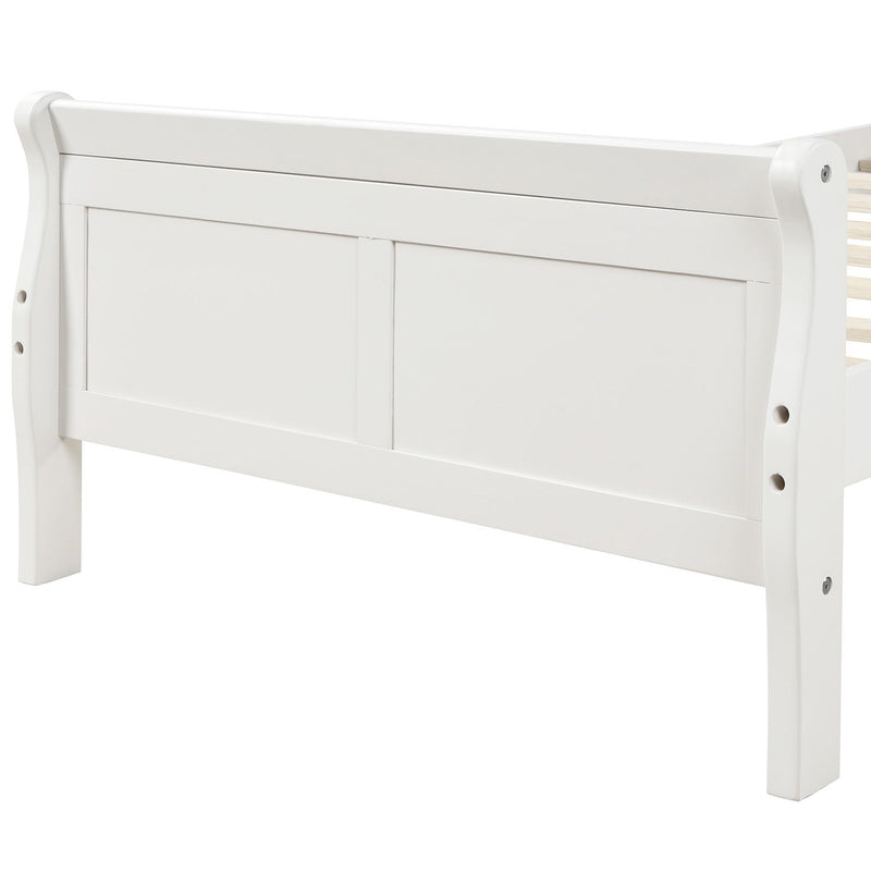DreamHaus platform bed frame with headboard, footboard, wood slat support, and sleek sleigh design for modern bedroom decor.