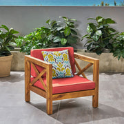 Noble House Brava mid-century modern arm chair with water-resistant cushions, stylish and comfortable seating for living rooms.