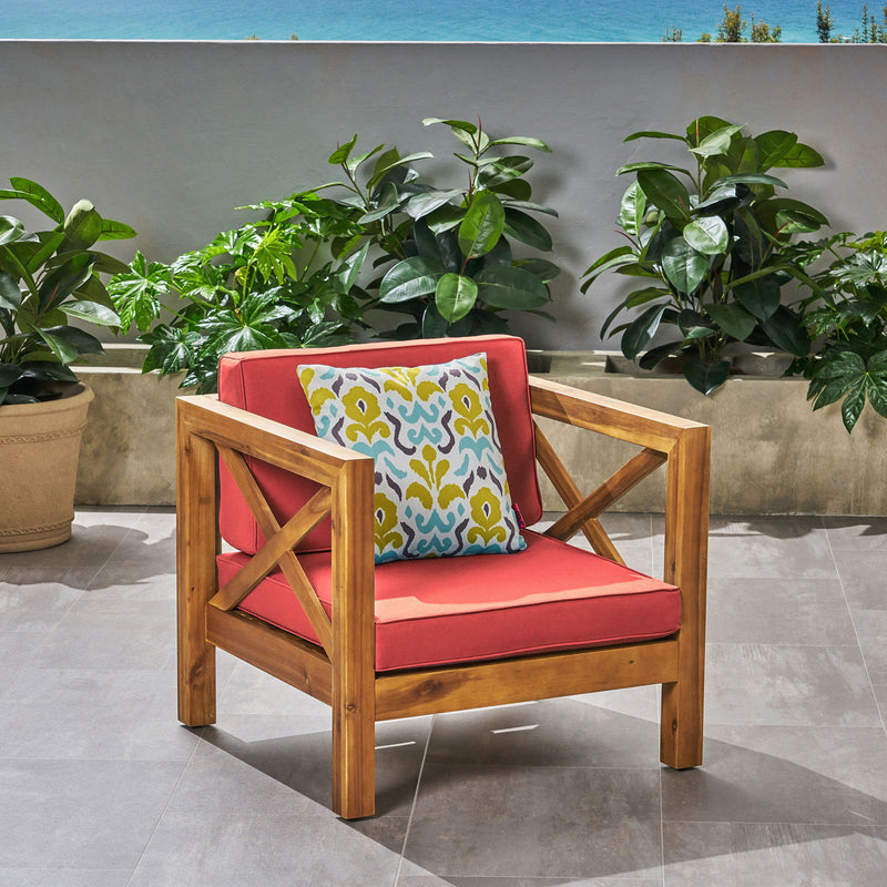 Noble House Brava mid-century modern arm chair with water-resistant cushions, stylish and comfortable seating for living rooms.