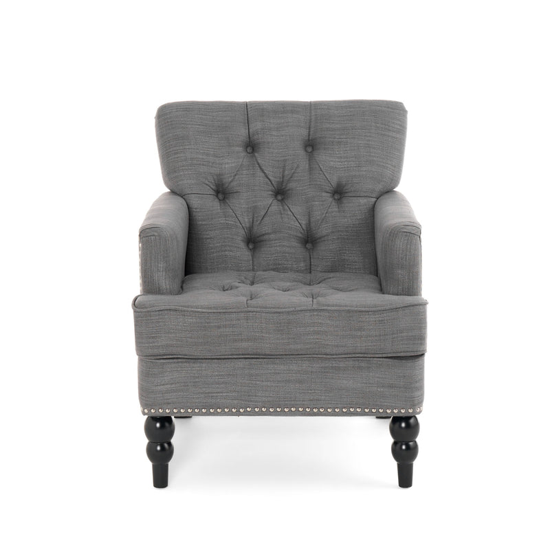 Noble House Harrison tufted club arm chair with button-tufted back and birch wood legs, cozy and stylish for living room decor.