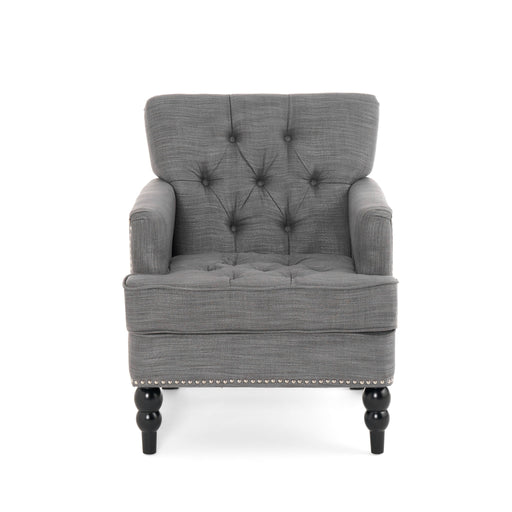 Noble House Harrison tufted club arm chair with button-tufted back and birch wood legs, cozy and stylish for living room decor.