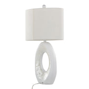 Lumi Source Pearl contemporary table lamp set with matte white finish and natural shell accents, shown in a modern living space.