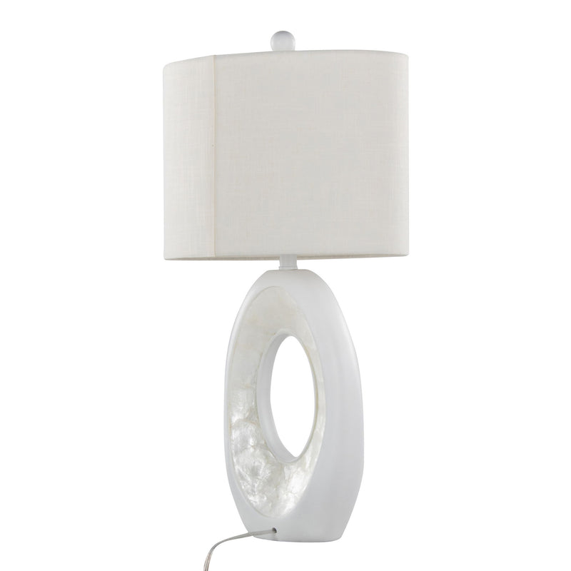 Lumi Source Pearl contemporary table lamp set with matte white finish and natural shell accents, shown in a modern living space.