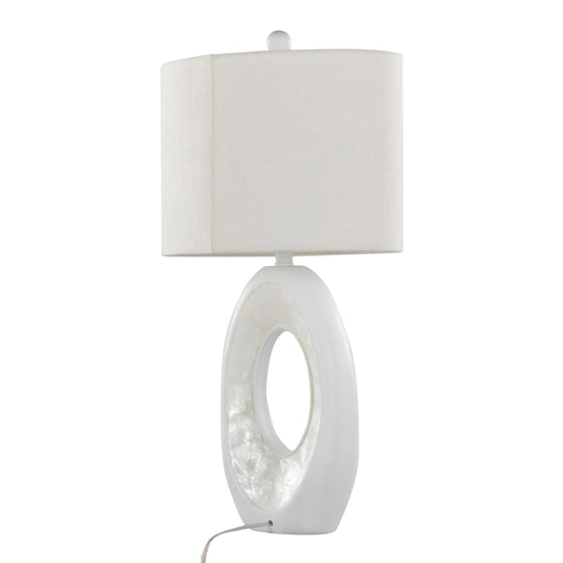 Lumi Source Pearl contemporary table lamp set with matte white finish and natural shell accents, shown in a modern living space.