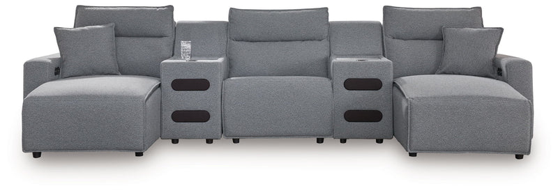 Salt and pepper recliner sectional sofa from Signature Design by Ashley, featuring plush cushions and reclining seats.