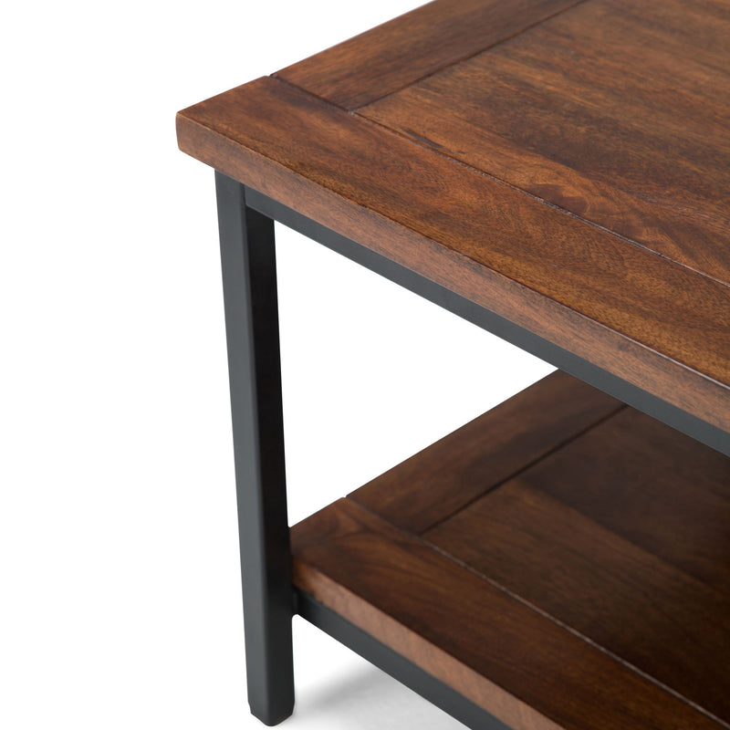 Dark cognac brown Skyler coffee table by Simpli-Home, showcasing a sleek, modern design with a smooth wooden surface.