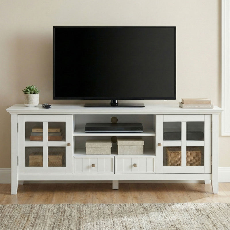 Simpli-Home Acadian TV media stand with open shelving and storage drawers, made of wood in a modern design.
