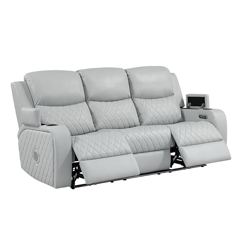 Elonzo - Power Motion Sofa With LED, Power Headrest & Speaker - Light Gray - R&R Furniture Gallery (Fountain Valley, CA)