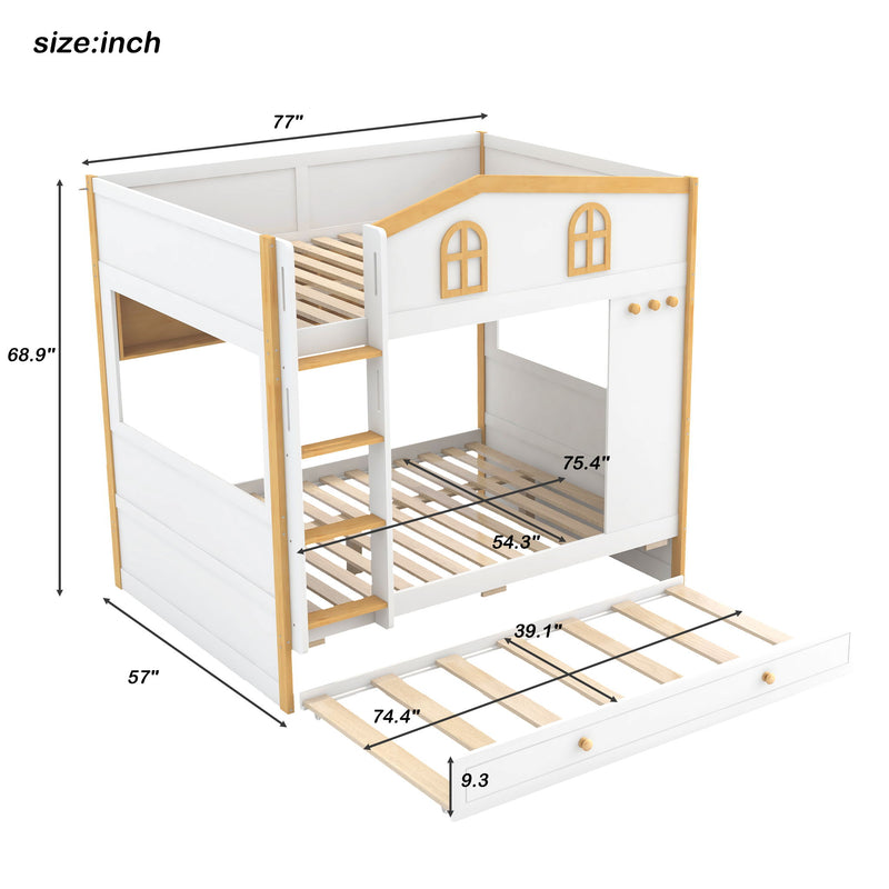 Dreamland full over full bunk bed with storage shelves and trundle in white and natural wood finish, showcasing its sturdy frame and storage options.