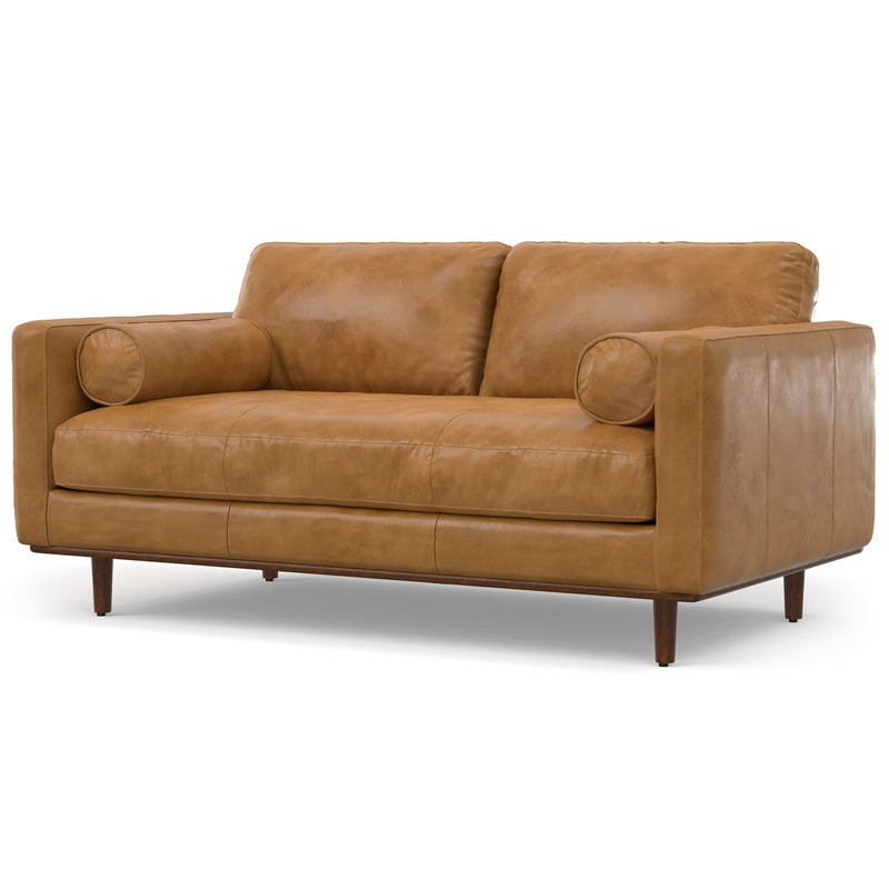 Simpli-Home Morrison upholstered stationary sofa with plush fabric and cushioned armrests, perfect for a modern living room setting.