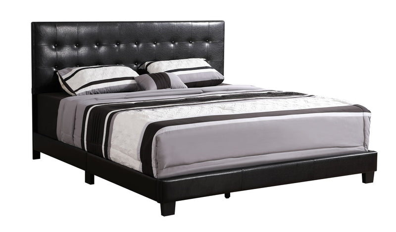 Glory Furniture Caldwell upholstered bed with padded headboard and neutral fabric, modern bedroom furniture design.