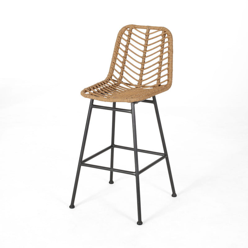 Noble House Sawtelle outdoor wicker barstools set of 2 with cushioned seats and metal frames for patio or outdoor bar area.