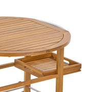 Teak outdoor bar cart with foldable tabletop and removable trays, ideal for outdoor storage and entertaining.