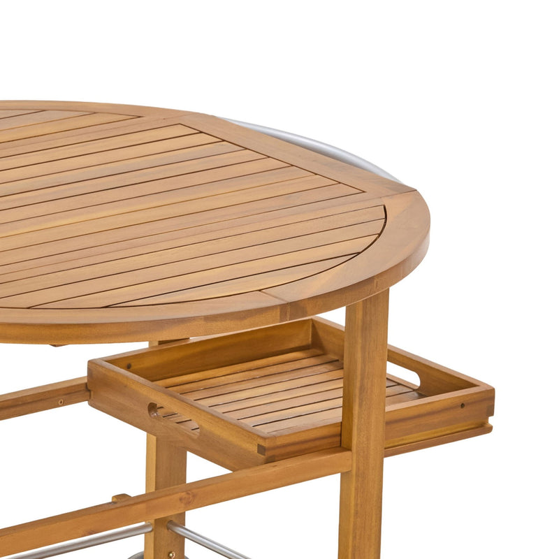 Teak outdoor bar cart with foldable tabletop and removable trays, ideal for outdoor storage and entertaining.