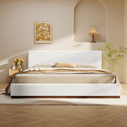 Elegant Noble House boucle upholstered bed with a wood grain textured solid wood base frame, showcasing plush fabric and sturdy construction.