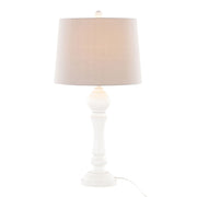 Pair of Lumi Source Winston farmhouse poly table lamps with neutral fabric shades and wooden bases on a wooden surface.