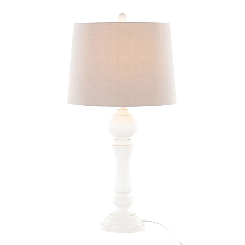 Pair of Lumi Source Winston farmhouse poly table lamps with neutral fabric shades and wooden bases on a wooden surface.