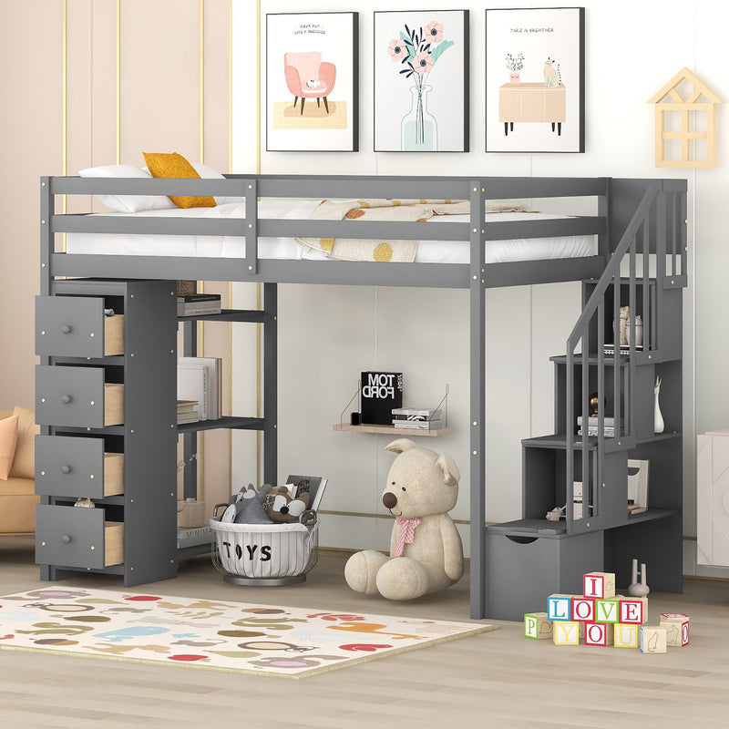 DreamHaus loft bed with built-in storage drawers, stairs with shelves, and a sturdy wooden frame for space-saving bedroom furniture.