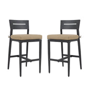 Set of two Life Outside modern outdoor bar stools with backrests and footrests, featuring sleek design and sturdy construction.