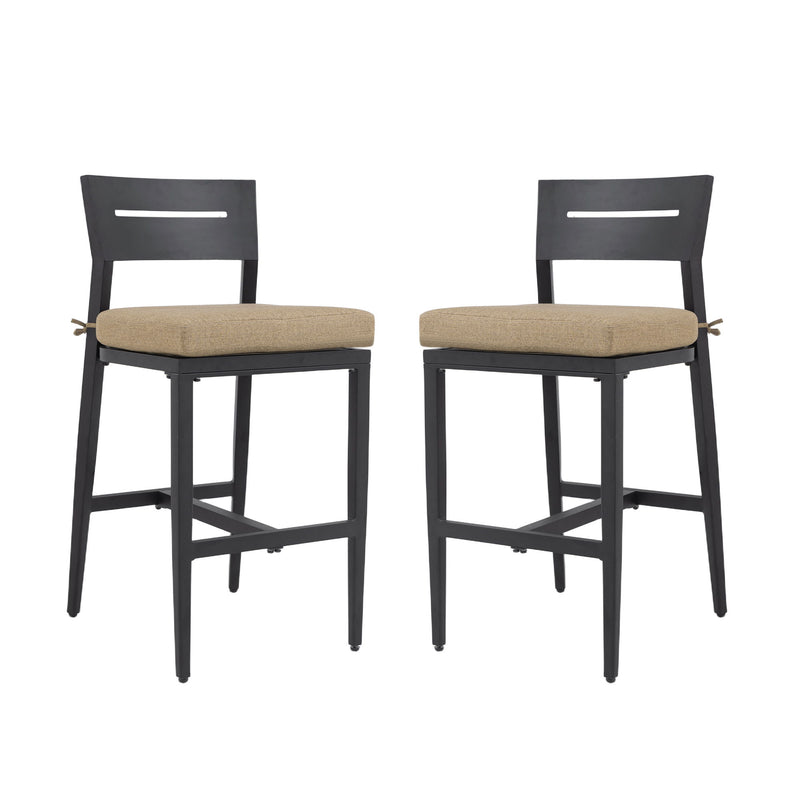 Set of two Life Outside modern outdoor bar stools with backrests and footrests, featuring sleek design and sturdy construction.