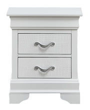 Decorative accent nightstand by Glory Furniture with a sleek wooden finish and modern design, shown with a small lamp and decor items.