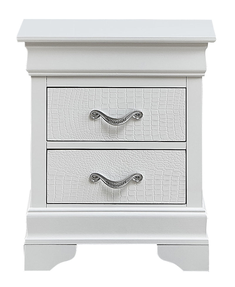 Decorative accent nightstand by Glory Furniture with a sleek wooden finish and modern design, shown with a small lamp and decor items.