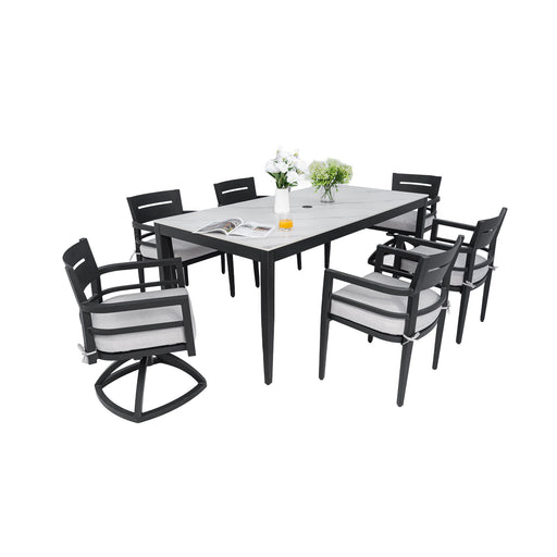 Modern Life Outside 7-piece outdoor patio dining set with table, chairs, and Sunbrella cushions, perfect for outdoor meals and gatherings.