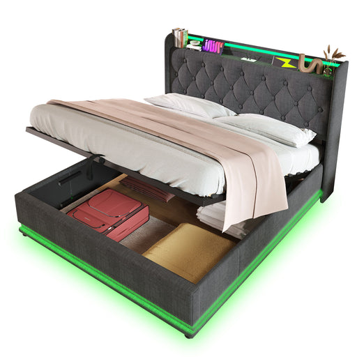 Upholstered Bed, 360 Surround LED Function, Remote Control, Hydraulic Storage Bed With USB, Type-C Charging (Without Mattress) - R&R Furniture Gallery (Fountain Valley, CA)