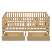 DreamHaus storage daybed with fence guardrails and two drawers, convertible into a floor bed and daytime lounging area.