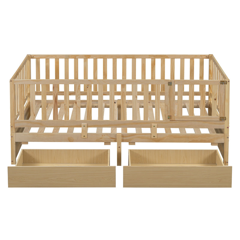 DreamHaus storage daybed with fence guardrails and two drawers, convertible into a floor bed and daytime lounging area.