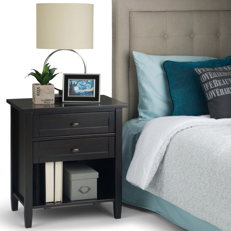 Handcrafted Warm Shaker bedside table by Simpli-Home, accent nightstand with natural wood finish and simple design.
