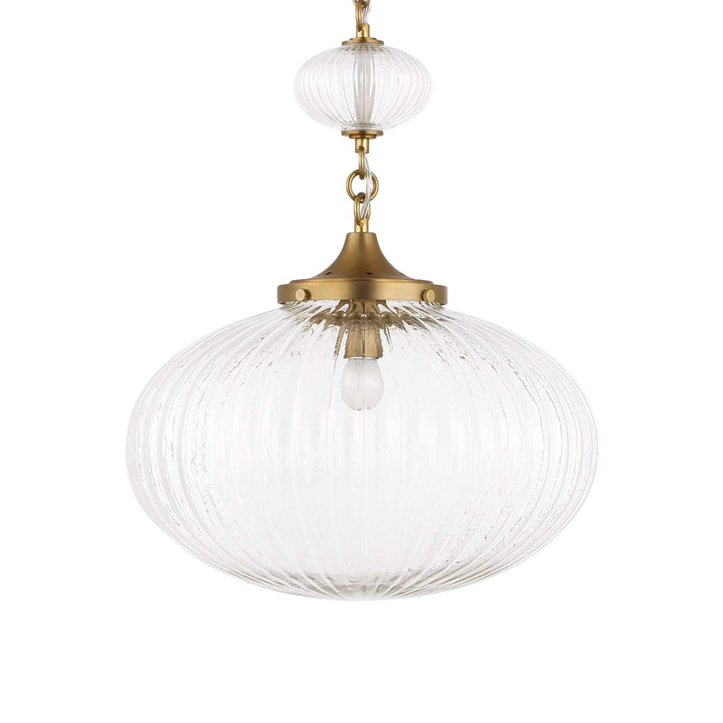 Uttermost Bellaire 1-light pendant with gold finish and glass shade hanging from a ceiling mount.