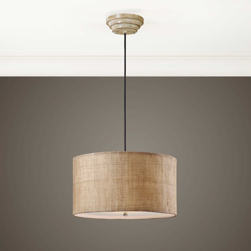 Uttermost Dafina 3-light beige burlap drum pendant light hanging from ceiling, stylish pendant lighting fixture.