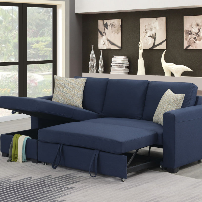 Reversible Sectional With Pop Up Sleeper And Hidden Storage Chaise - Navy - R&R Furniture Gallery (Fountain Valley, CA)