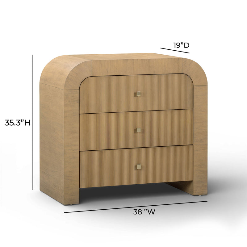 TOV Furniture Hump bedside chest with two drawers, wooden finish, and modern design for bedroom storage.