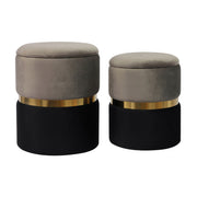 Pair of TOV Furniture Gigi Storage Ottomans with cushioned tops and wooden legs, shown side by side in a modern living room setting.