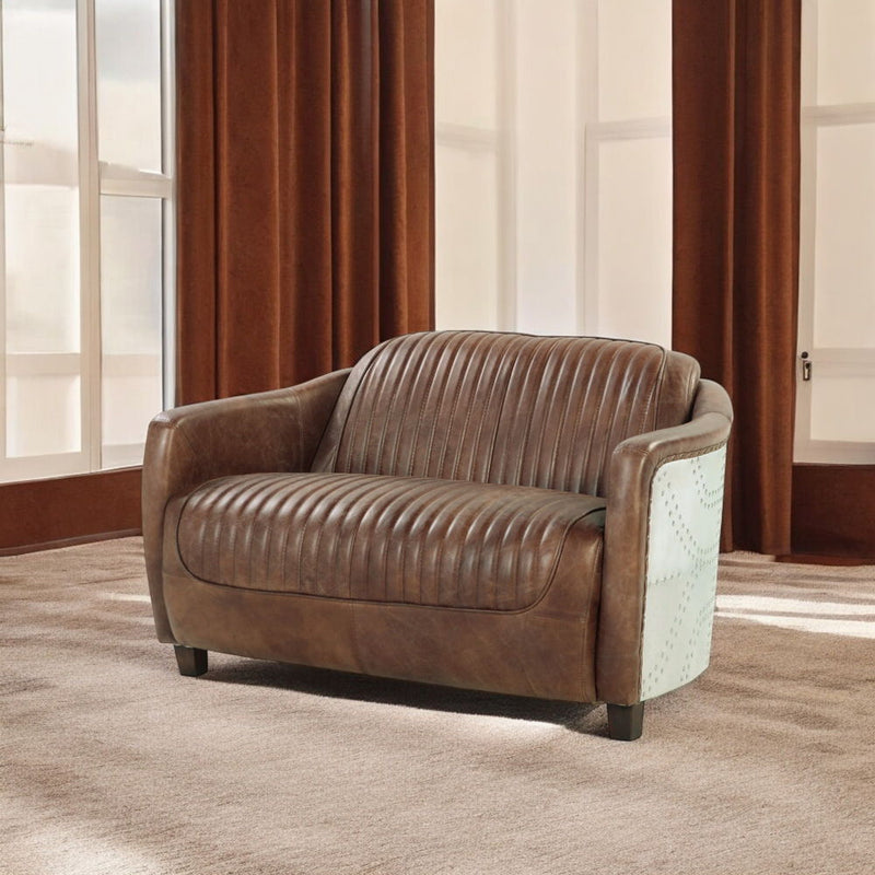 Brancaster - Loveseat - Retro Brown Top Grain Leather & Aluminum - R&R Furniture Gallery (Fountain Valley, CA)