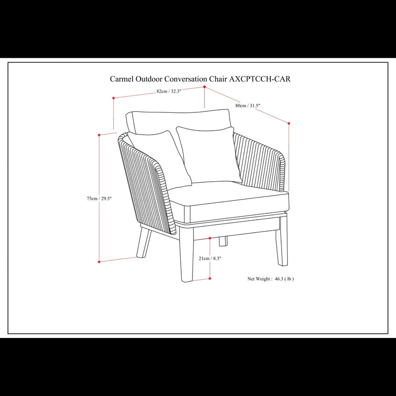 Simpli-Home Carmel outdoor conversation arm chair in Sand Drift color, featuring cushioned seating for patio or garden use.
