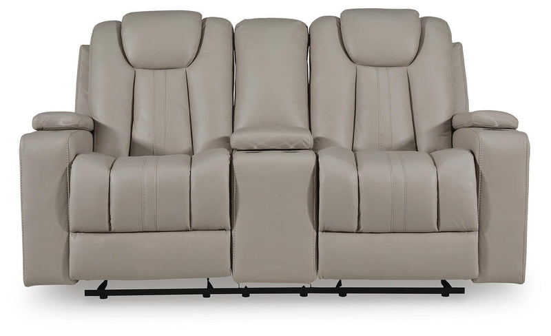 Signature Design by Ashley Elevate Edges Glide Reclining Loveseat with console, featuring plush cushions and textured fabric in coin color.