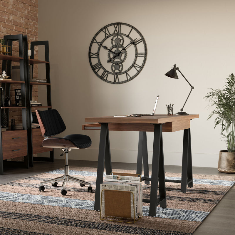 Handcrafted solid wood sawhorse desk by Simpli-Home, showcasing the sturdy writing desk with clean lines and natural wood finish.